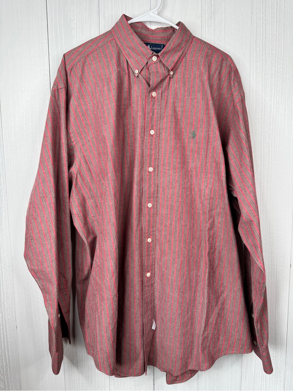Ralph Lauren Vintage Mens Button Down Shirt Red Green Stripe Long Sleeve